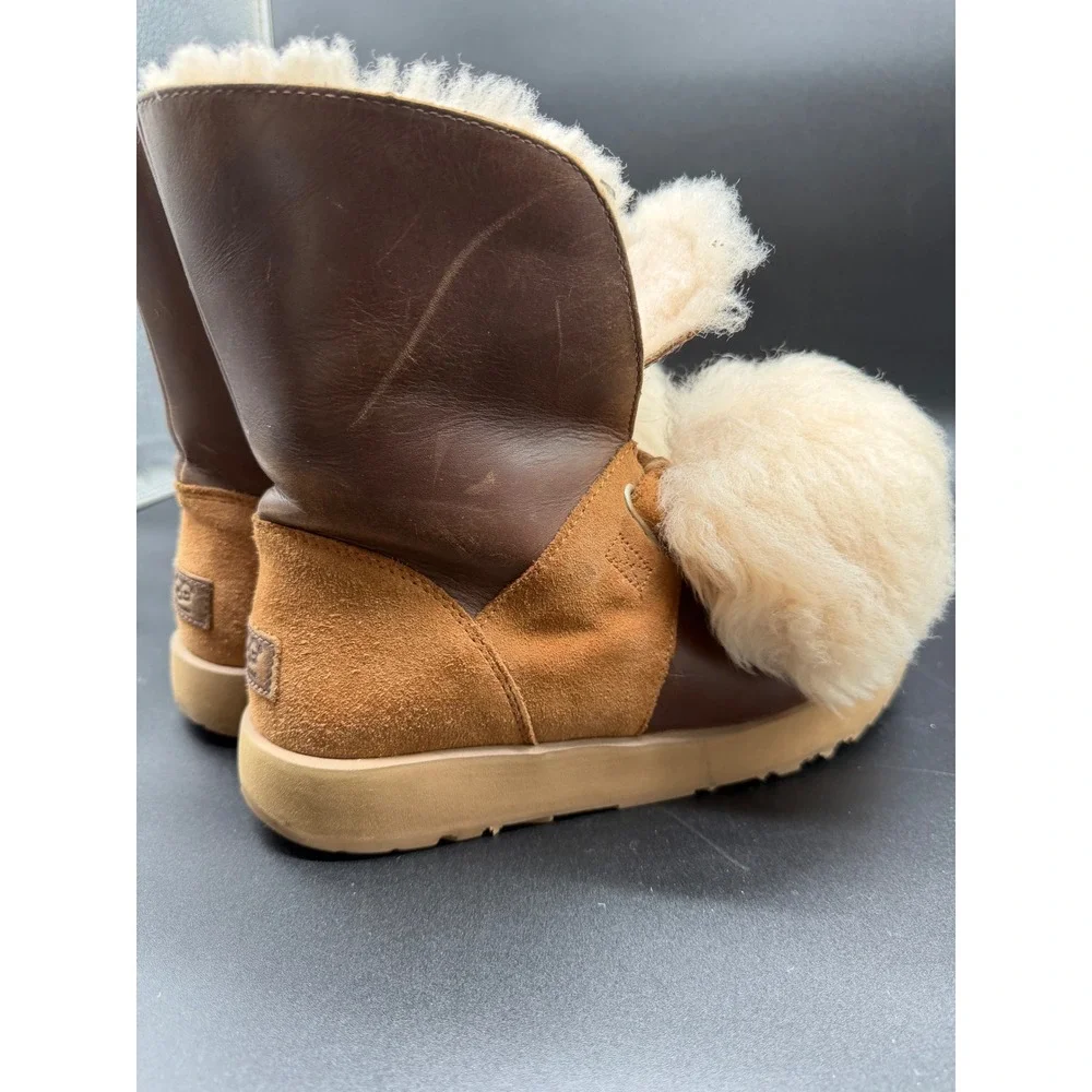UGG Adirondack Boot III Fluff Waterproof Brown Leather Suede Pom‎ Pom Womens 9